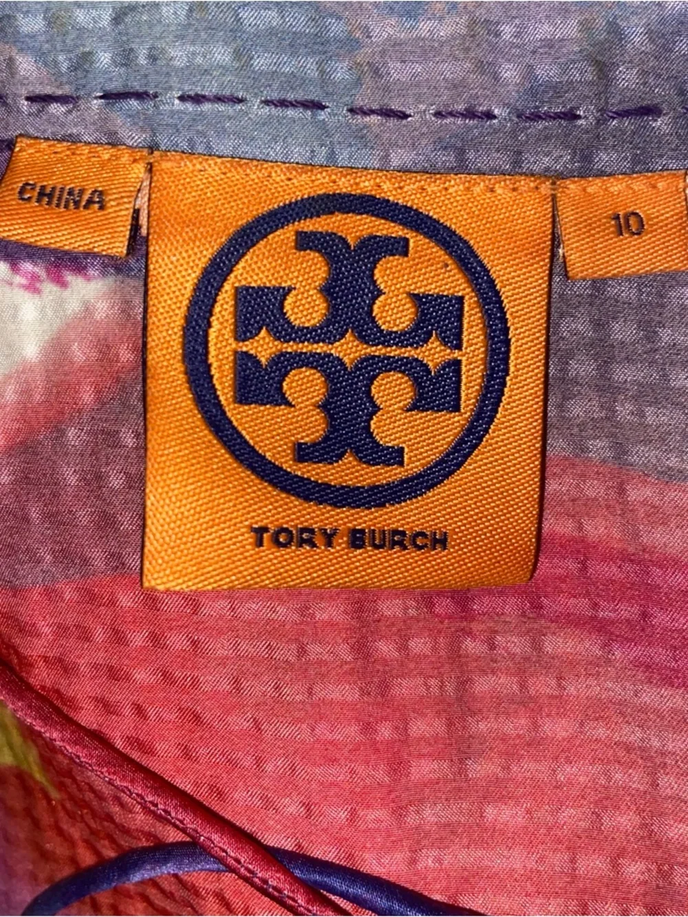 Tory Burch Top Womens Size 10 Hammered Silk Long Sleeve Blouse Tassels Abstract